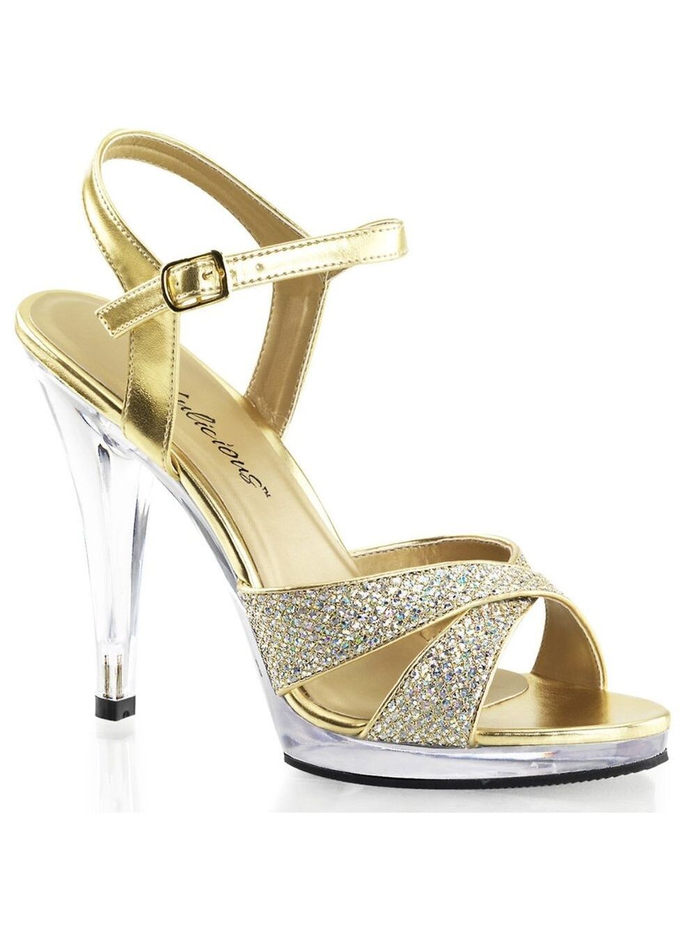 419 Gold Glitter Fabric Upper With Clear Platform 4.5" Heel Ankle Strap Shoes